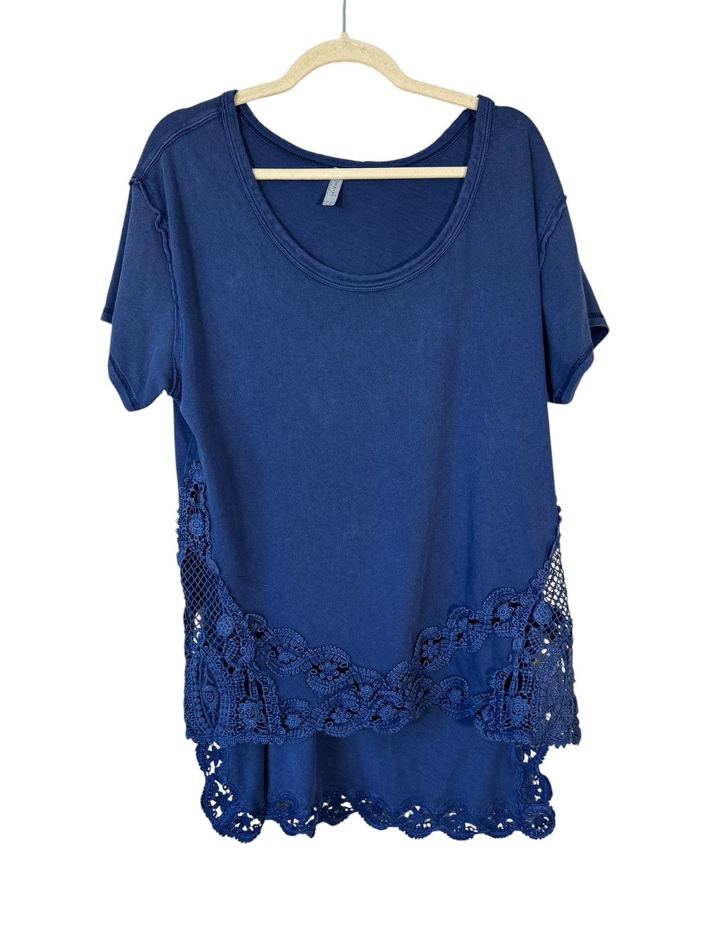 Free People Blue Crochet Short Sleeve Tunic Blouse Womens L Casual Boho